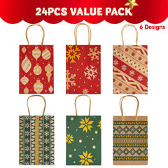 24 Pack Christmas Kraft Paper Gift Bags - Holiday Goody Bags