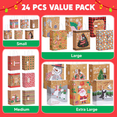 24 PCS Christmas Kraft Gift Bags, Assorted Sizes Xmas Paper Bags