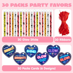 30 Packs Valentine's Day Cards with Bright Large Glow Sticks for Kids Classroom Exchange