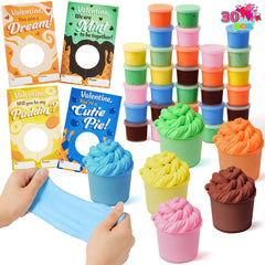 30 Packs 6 Designs Valentine's Day Cards with Butter Slime Stress Relief Fidget Toys