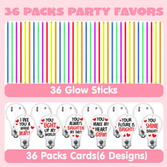 36 Neon Valentine's Day Glow Stick Cards with Glow Necklaces