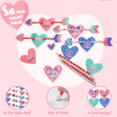 36Pcs Kids Valentine's Cards with Cupid's Arrow Pencil - Classroom Exchange Gifts