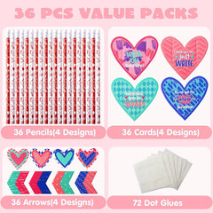 36Pcs Kids Valentine's Cards with Cupid's Arrow Pencil - Classroom Exchange Gifts