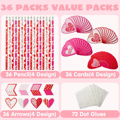 36-Pack Valentine's Day Arrow Pencils with Cards for Kids Classroom Exchange Gifts