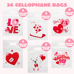 36 Valentine's Day Cellophane Gift Bags, Candy Treat Bags with 6 Designs for Kids Party Favors