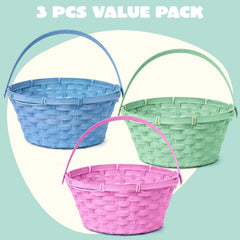 Set of 3 Easter Bamboo Baskets with Folding Handles for Egg Hunt