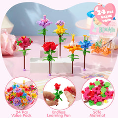 24-Piece Valentine's Day Flower Bouquet Building Blocks Set with Cards