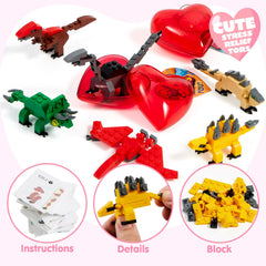 24 Pack Valentine's Day Cards with Dinosaur Building Blocks and Filled Hearts for Party Favors