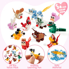 24 Pack Valentine's Day Cards with Animal Building Blocks - Party Favor Toys