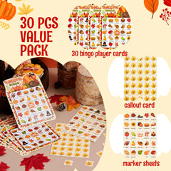 30 PCS Thanksgiving Bingo Game Cards for Kids Family Activities