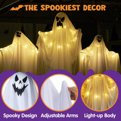 3 Halloween Light-Up White Hanging Ghosts, 1 Large 47in & 2 Medium 35.4in