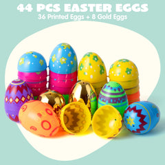 44-Piece 3.15-Inch Printed Easter Eggs Set with 8 Golden Eggs for Egg Hunt