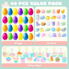 48 Prefilled Easter Eggs with Assorted Toys, Filled with Mochi and Pop Bubble