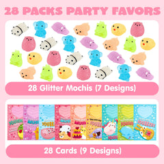 28 Glitter Mochi Squishy Toys with Valentine's Cards for Classroom Exchange