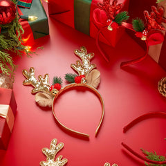 2 Pcs Golden & Red Reindeer Headbands with Glitter