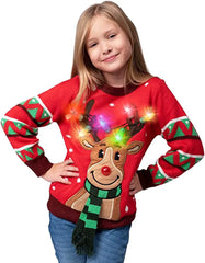 Kids LED Light-Up Red Christmas Sweater with Reindeer