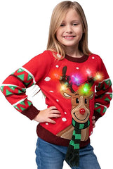 Kids LED Light-Up Red Christmas Sweater with Reindeer
