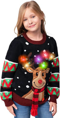 Kids' Black Reindeer Ugly Christmas Sweater with Light Bulbs