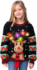 Kids' Black Reindeer Ugly Christmas Sweater with Light Bulbs