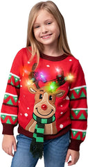 Kids LED Light-Up Red Christmas Sweater with Reindeer