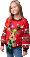 Kids LED Light-Up Red Christmas Sweater with Reindeer