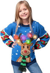 Kids' Reindeer Ugly Blue Sweater with Light Bulbs