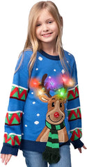 Kids' Reindeer Ugly Blue Sweater with Light Bulbs