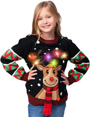Kids' Black Reindeer Ugly Christmas Sweater with Light Bulbs