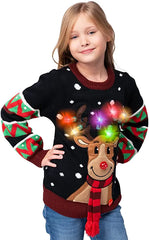 Kids' Black Reindeer Ugly Christmas Sweater with Light Bulbs
