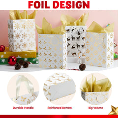 6 Pack Christmas Foil Gift Bags - Gold, 8 x 4.5 x 10.5 Inches