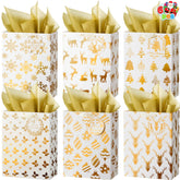 6 Pack Christmas Foil Gift Bags - Gold, 8 x 4.5 x 10.5 Inches