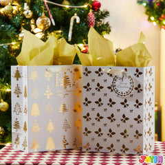 6 Pack Christmas Foil Gift Bags - Gold, 8 x 4.5 x 10.5 Inches
