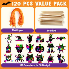 120 Pcs Halloween Rainbow Scratch Art Crafts for Kids