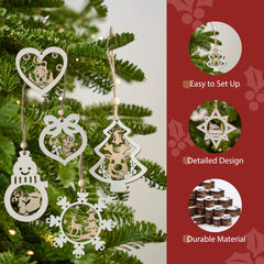 24 Pcs Christmas Wooden Carved Hanging Ornaments for Holiday Decor