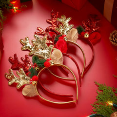 2 Pcs Golden & Red Reindeer Headbands with Glitter