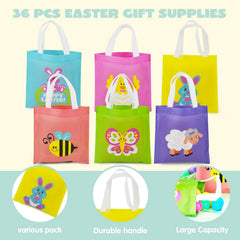 JOYIN 36 Pack Easter Non-Woven Gift Bags Cute Bunny Animal Easter Treat Bags for Kids Party Supplies Classroom Prizes