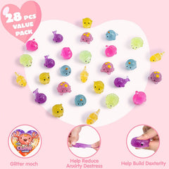 28 Glitter Mochi Squishy Toys with Valentine Cards for Classroom Exchange
