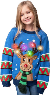 Kids' Reindeer Ugly Blue Sweater with Light Bulbs