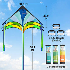 3-Pack Big Delta Kite Set (Green, Blue & Rainbow) with 262.5ft Kite String