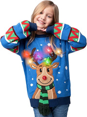 Kids' Reindeer Ugly Blue Sweater with Light Bulbs