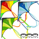 3-Pack Big Delta Kite Set (Green, Blue & Rainbow) with 262.5ft Kite String