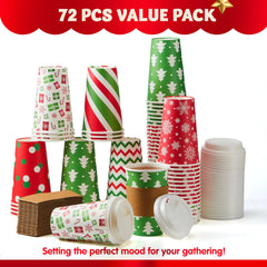 72-Pack 16 oz Christmas Disposable Paper Cups, 6 Festive Designs