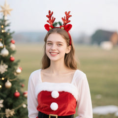 2 Pcs Golden & Red Reindeer Headbands with Glitter