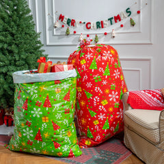 2-Pack Large Red & Green Christmas Holiday Plastic Gift Bags