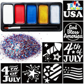 JOYIN 5-Color Patriotic Face & Body Paint Kit with Glitter and 16 Stencils - Red, White, Blue Makeup for 4th of July, Independence Day, Memorial Day, Veterans Day Parties
