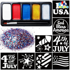 JOYIN 5-Color Patriotic Face & Body Paint Kit with Glitter and 16 Stencils - Red, White, Blue Makeup for 4th of July, Independence Day, Memorial Day, Veterans Day Parties