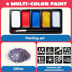 JOYIN 5-Color Patriotic Face & Body Paint Kit with Glitter and 16 Stencils - Red, White, Blue Makeup for 4th of July, Independence Day, Memorial Day, Veterans Day Parties