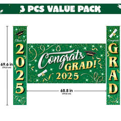 JOYIN 3 Pcs Graduation Decorations Class of 2025, Satin Fabric Congrats Grad Banner Set, Green & Gold Party Backdrop and Banner Hanging Porch Supplies for College Graduation Party Indoor Outdoor Decor