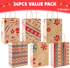 24 PCS Christmas Kraft Gift Bags with Durable Handles and Non-Breaking Bottoms for Holiday Gifts