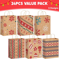 24 Pack Christmas Kraft Gift Bags with Handles for Holiday Presents